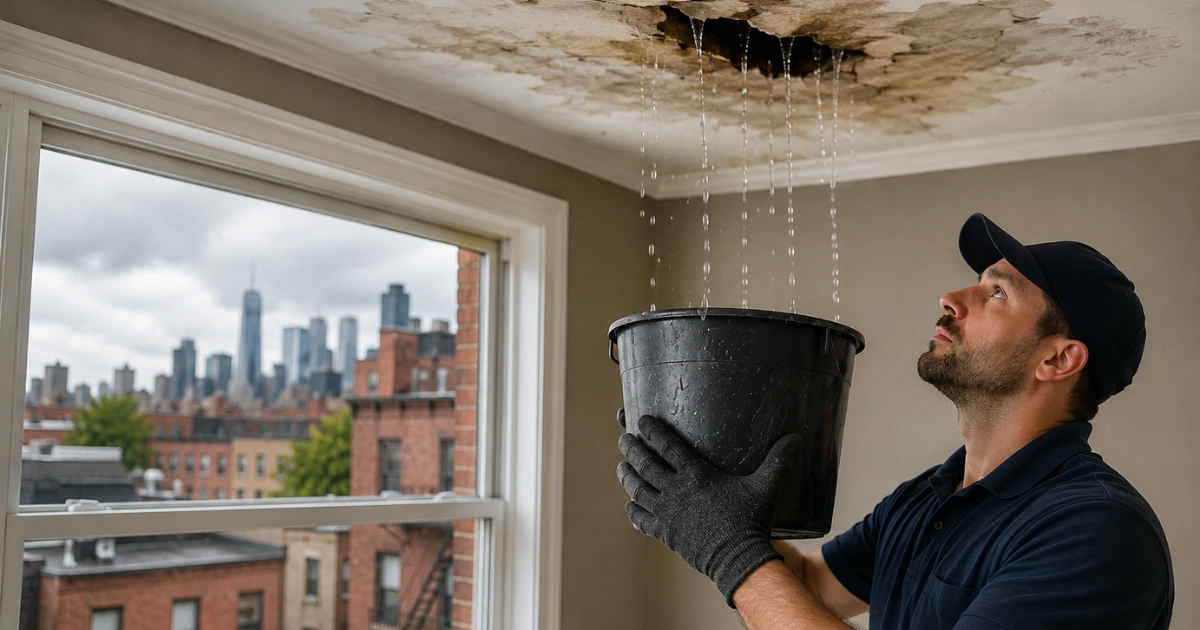 Emergency Roof Repair Services A professional roof repair technician catching water from a leaking ceiling in a bucket to prevent interior water damage.