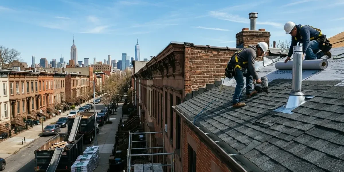 Roof Installation Process Two roofers installing asphalt shingles on a Brooklyn brownstone with the Manhattan skyline in the background.