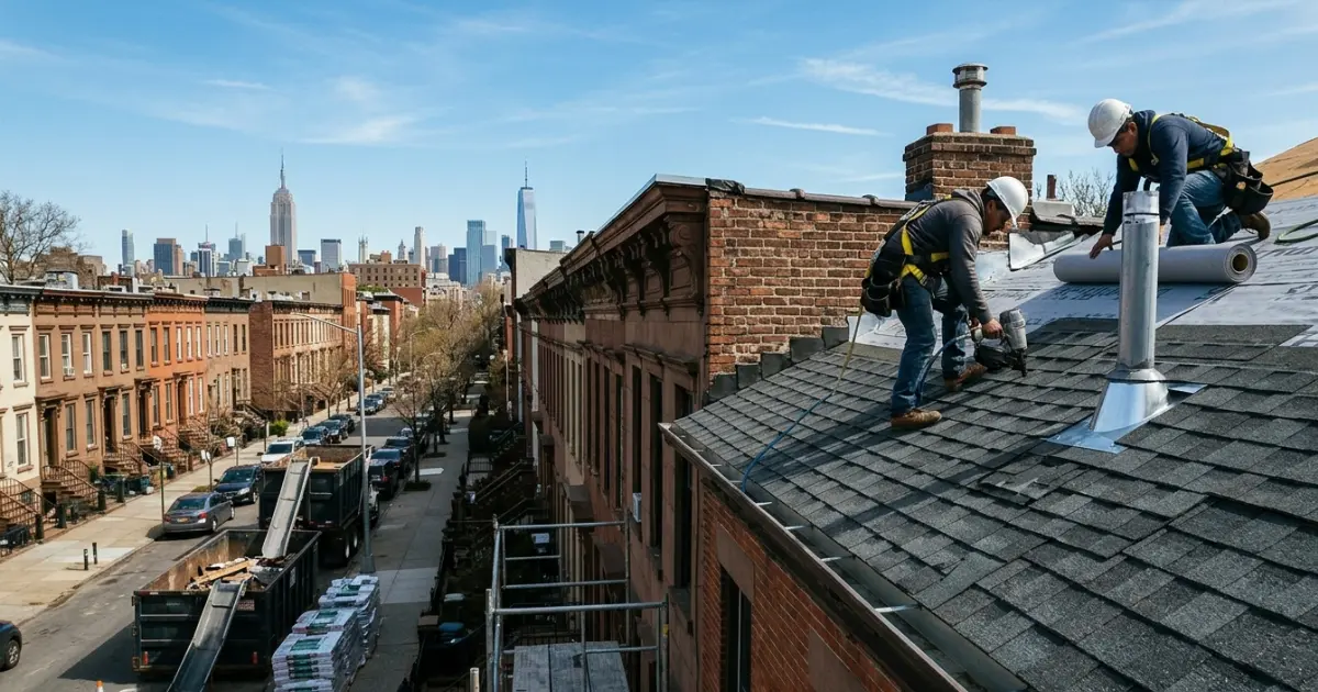 Roof Installation Process Two roofers installing asphalt shingles on a Brooklyn brownstone with the Manhattan skyline in the background.
