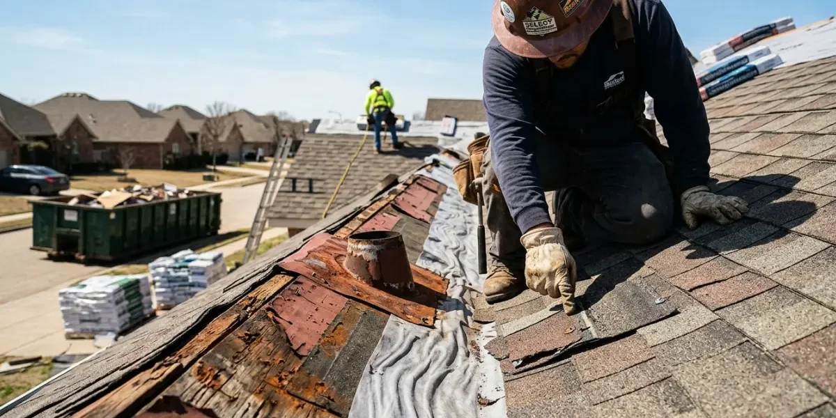 A close-up, split-screen comparison showing a professional roof inspection. On one side, a contractor points to correctly installed, straight asphalt shingles and new flashing. On the other side, the image highlights common mistakes like misaligned shingles, exposed nail heads, and rusted, reused flashing.