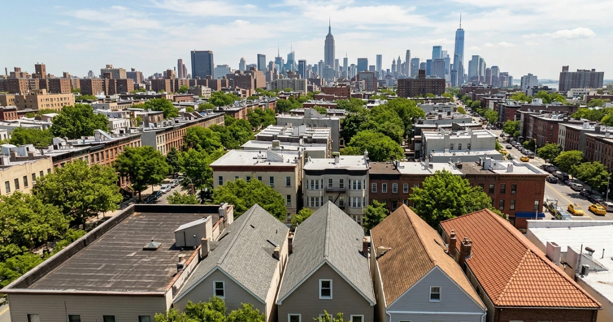 Roof Installation Safety and Structural Standards in NYC Roofing installation in a dense New York City neighborhood, showing workers utilizing safety harnesses and anchor points while inspecting roof decking, with the Manhattan skyline in the background.