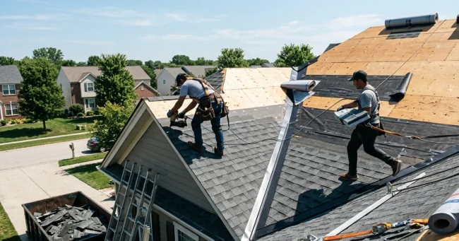 Roof Installation work professional roofers actively installing a new asphalt shingle roof on a suburban home, showing the full removal, underlayment, and Roof Installation work on a sunny day.