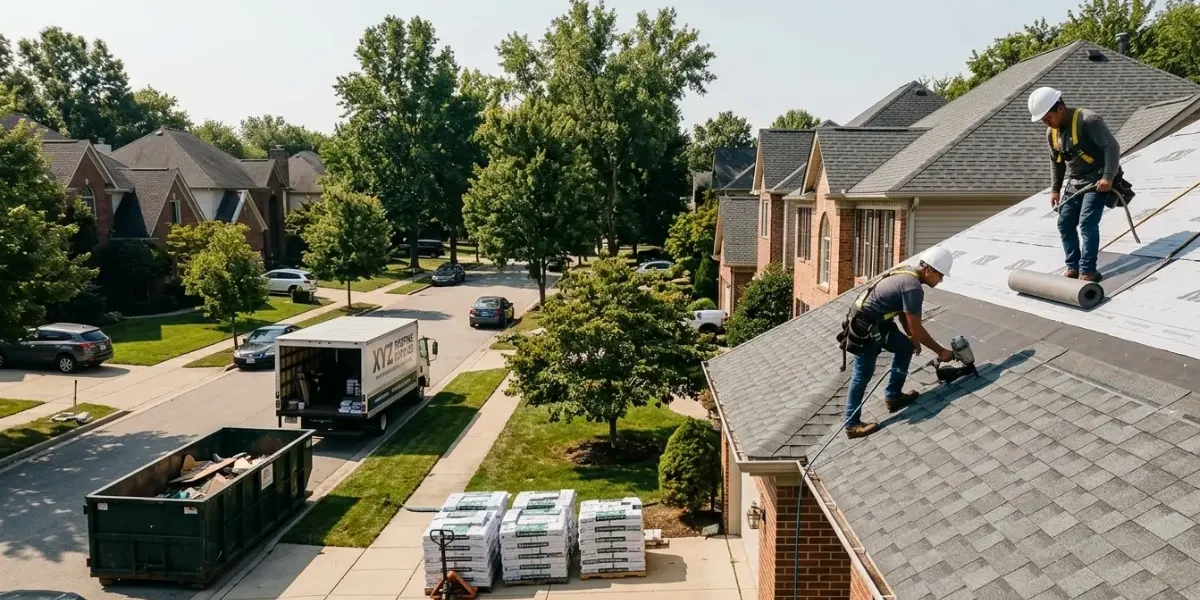 Two roofers installing asphalt shingles on a suburban house with a waste dumpster and material pallets in the driveway.