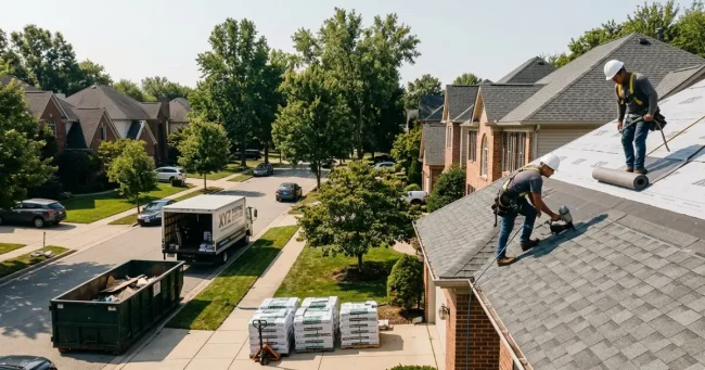 Two roofers installing asphalt shingles on a suburban house with a waste dumpster and material pallets in the driveway.