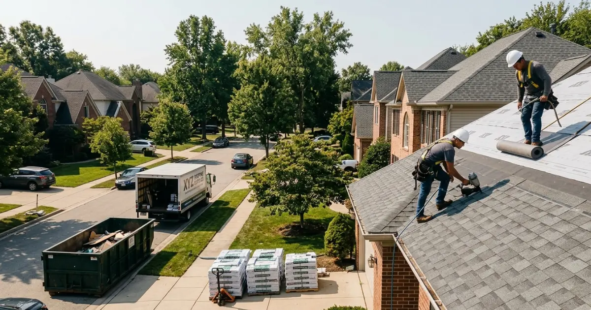 Residential Roof Installation Timeline Two roofers installing asphalt shingles on a suburban house with a waste dumpster and material pallets in the driveway.
