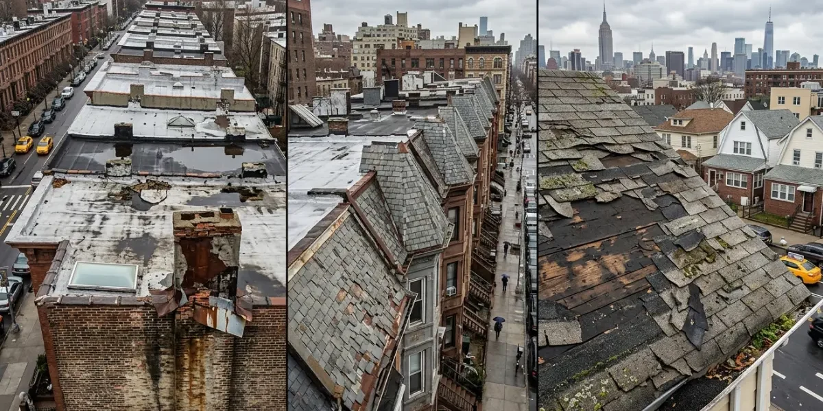 Common signs of roof damage on a New York City rowhouse, featuring curling shingles, moss growth, and a rusted chimney flashing, with a