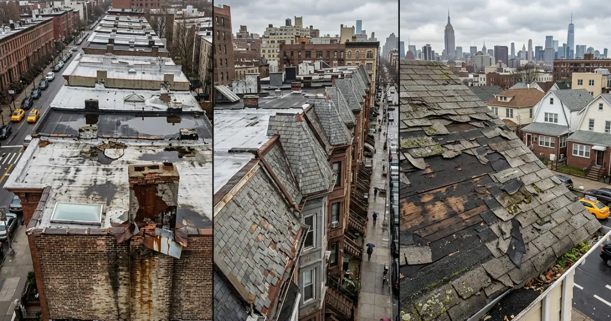 Signs You Need a New Roof Common signs of roof damage on a New York City rowhouse, featuring curling shingles, moss growth, and a rusted chimney flashing, with a