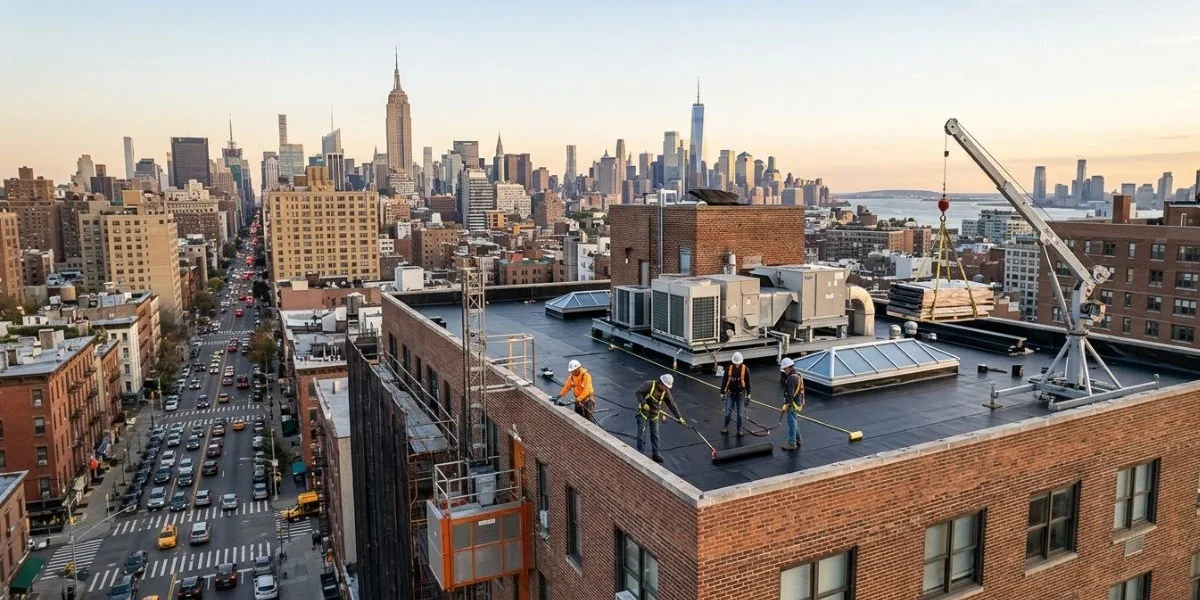 Roof Repair Cost in Manhattan roofing crew working on a flat brick building roof in Manhattan, with a rooftop crane hoisting materials and a dense NYC cityscape and traffic-filled street in the background.