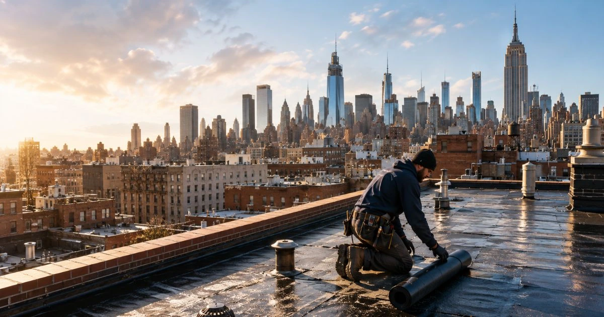 Roofing worker installing roofing membrane on a flat rooftop in Manhattan with the NYC skyline visible during daylight.