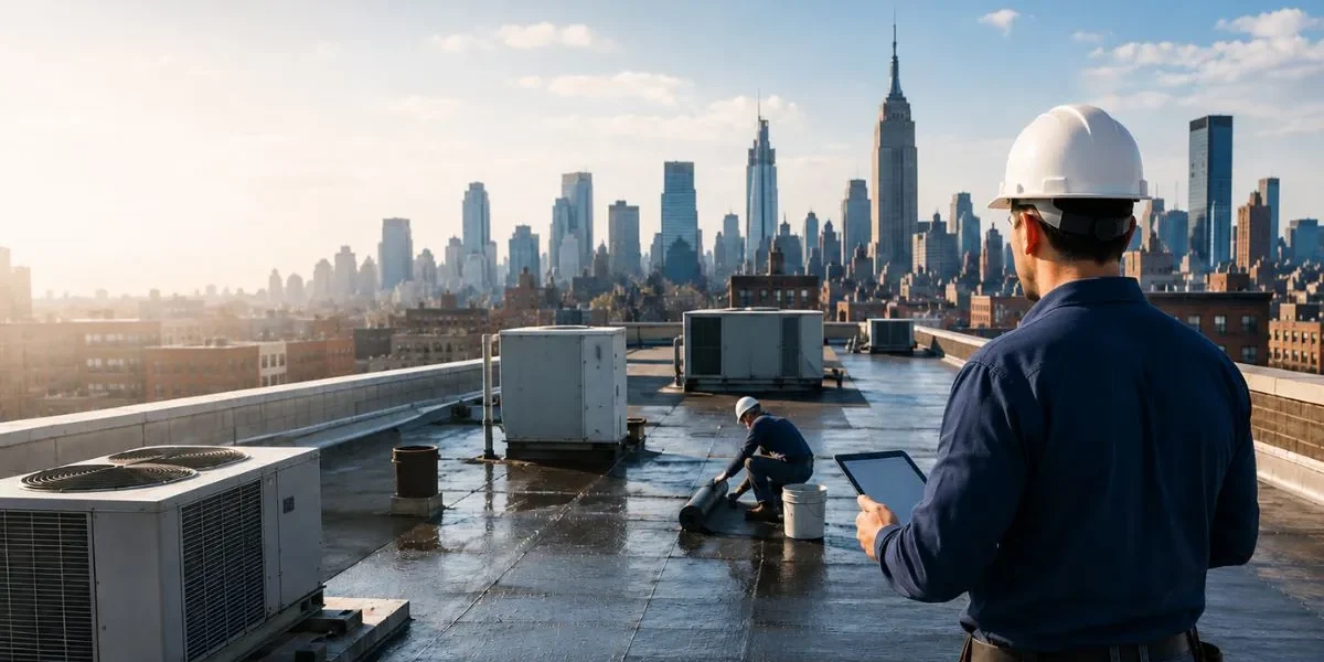 Commercial Roofing in New York crew inspecting and repairing a flat commercial rooftop with HVAC units and the New York City skyline in the background.
