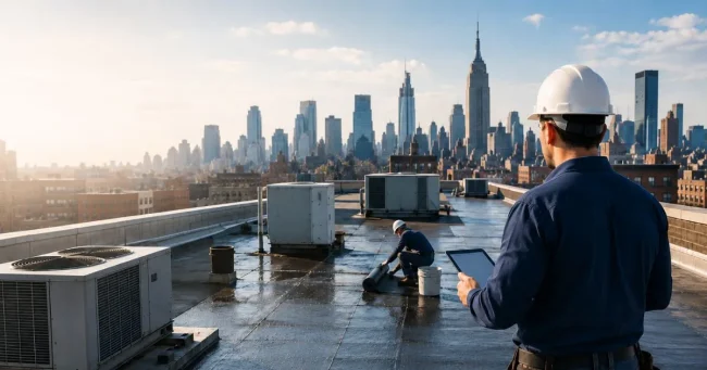 Commercial Roofing in New York crew inspecting and repairing a flat commercial rooftop with HVAC units and the New York City skyline in the background.